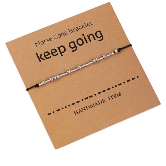 Morse Code "Keep Going" Unisex Encouragement Bracelet Adjustable Silver Beads - Picture 4 of 5